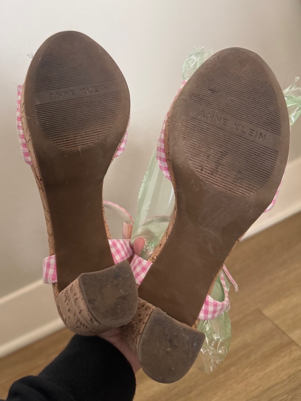 Anne Klein Pink Gingham Cork Block Heel Sandals - Picture 6 of 8